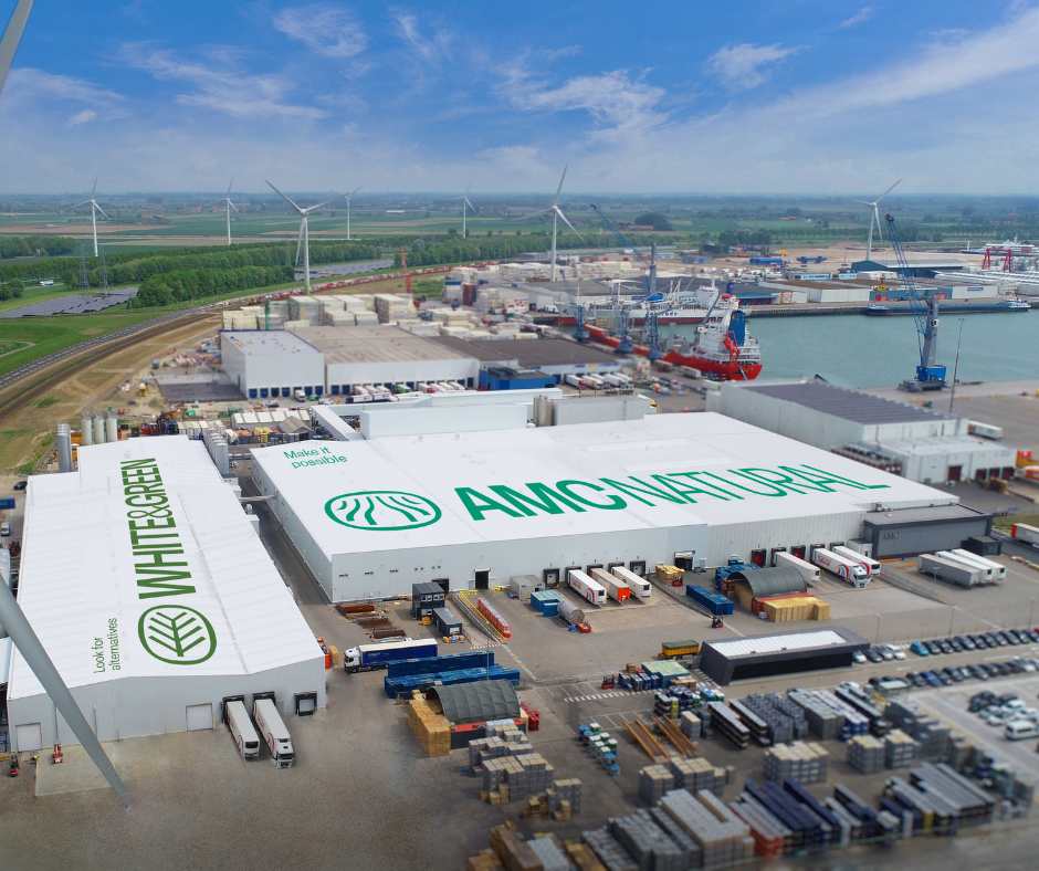Vista aérea de dos fábricas de AMC Global en Vlissingen, Holanda: AMC Natural y White & Green.